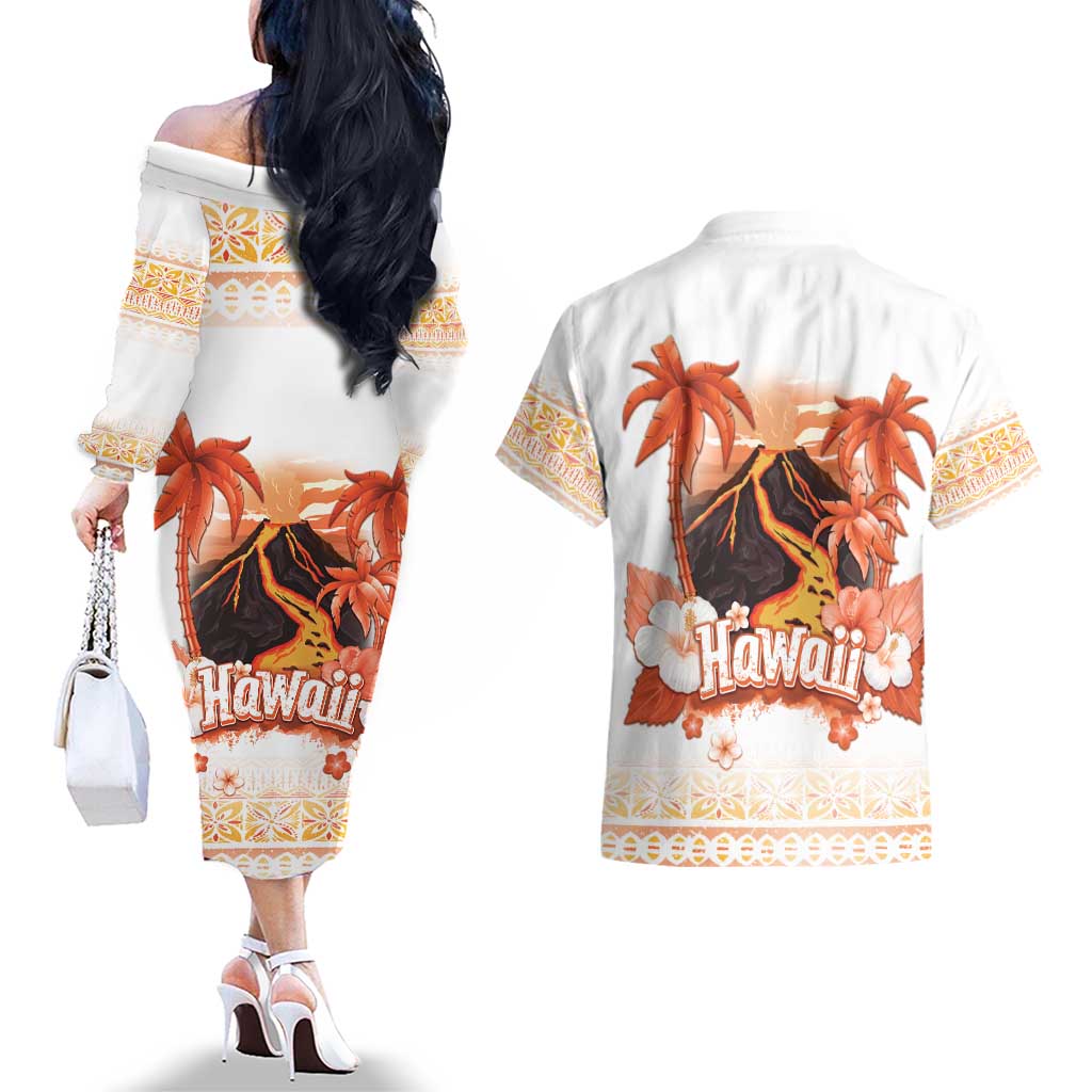 Hawaiian Volcano Lava Flow Couples Matching Off The Shoulder Long Sleeve Dress and Hawaiian Shirt With Hawaiian Tapa Pattern LT05 - Polynesian Pride