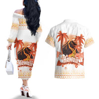 Hawaiian Volcano Lava Flow Couples Matching Off The Shoulder Long Sleeve Dress and Hawaiian Shirt With Hawaiian Tapa Pattern LT05 - Polynesian Pride