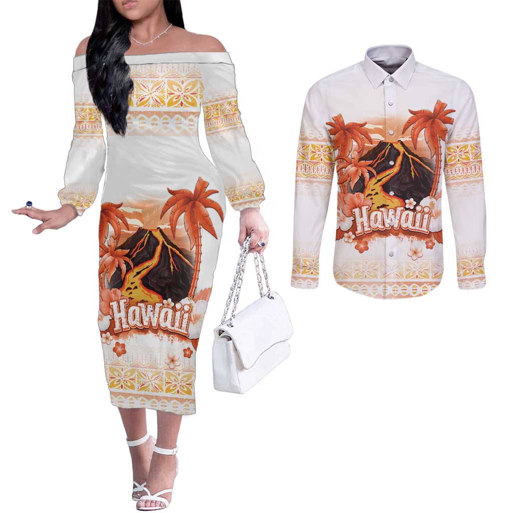 Hawaiian Volcano Lava Flow Couples Matching Off The Shoulder Long Sleeve Dress and Long Sleeve Button Shirt With Hawaiian Tapa Pattern LT05 Orange - Polynesian Pride