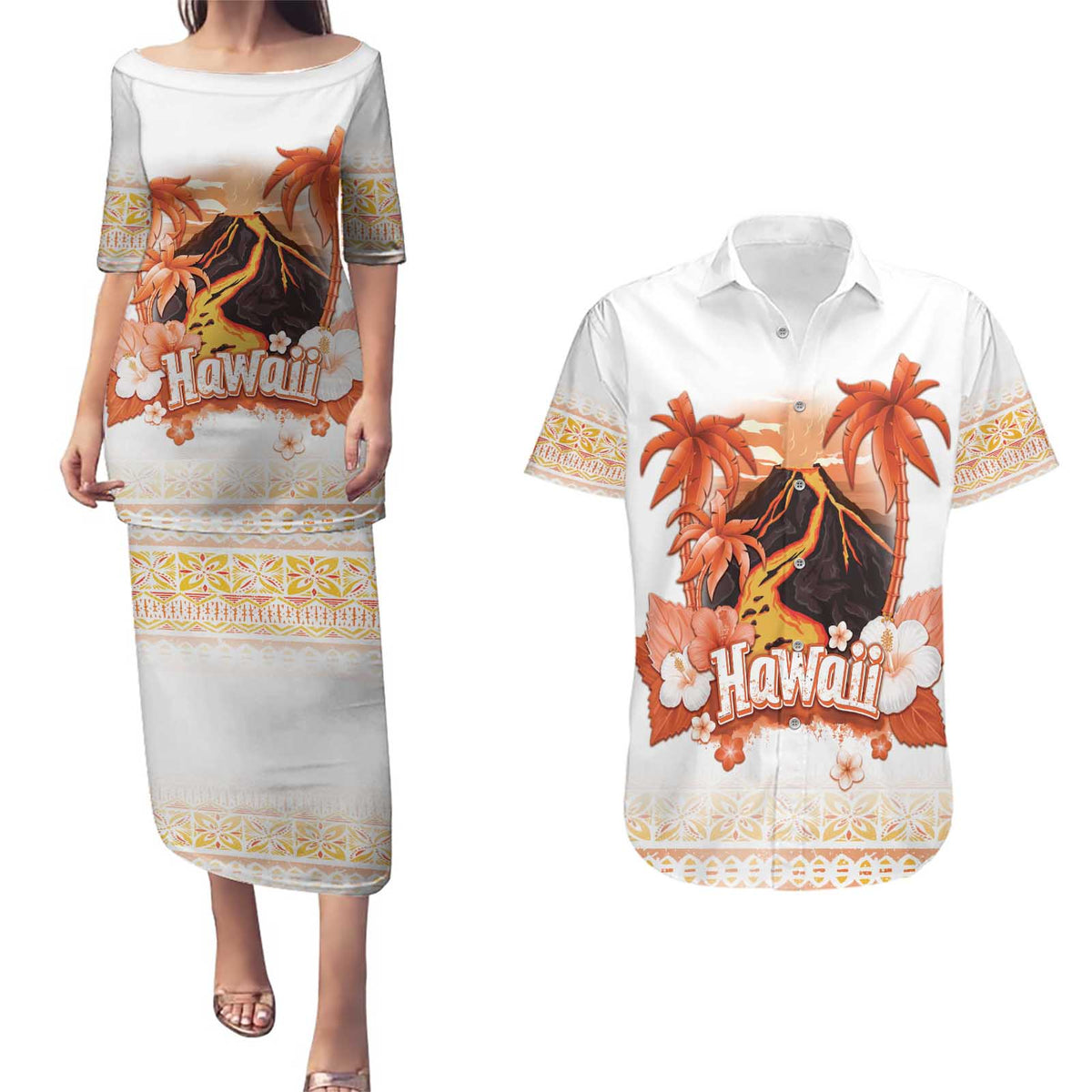 Hawaiian Volcano Lava Flow Couples Matching Puletasi and Hawaiian Shirt With Hawaiian Tapa Pattern LT05 Orange - Polynesian Pride