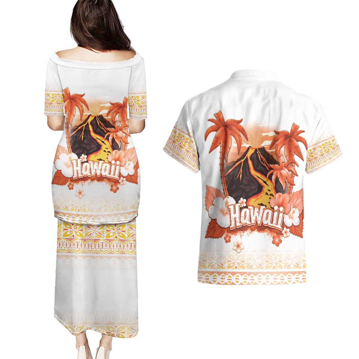 Hawaiian Volcano Lava Flow Couples Matching Puletasi and Hawaiian Shirt With Hawaiian Tapa Pattern LT05 - Polynesian Pride