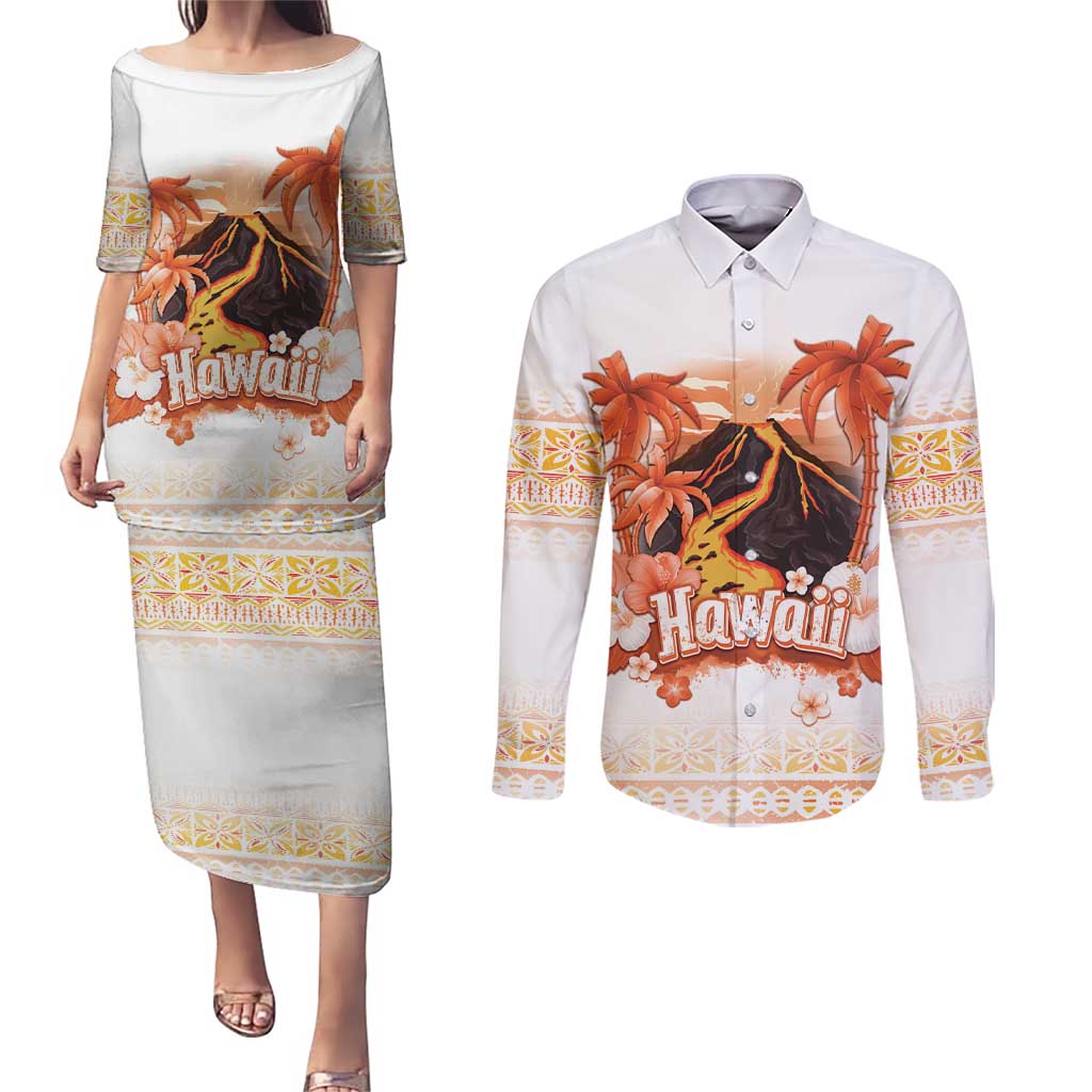 Hawaiian Volcano Lava Flow Couples Matching Puletasi and Long Sleeve Button Shirt With Hawaiian Tapa Pattern LT05 Orange - Polynesian Pride