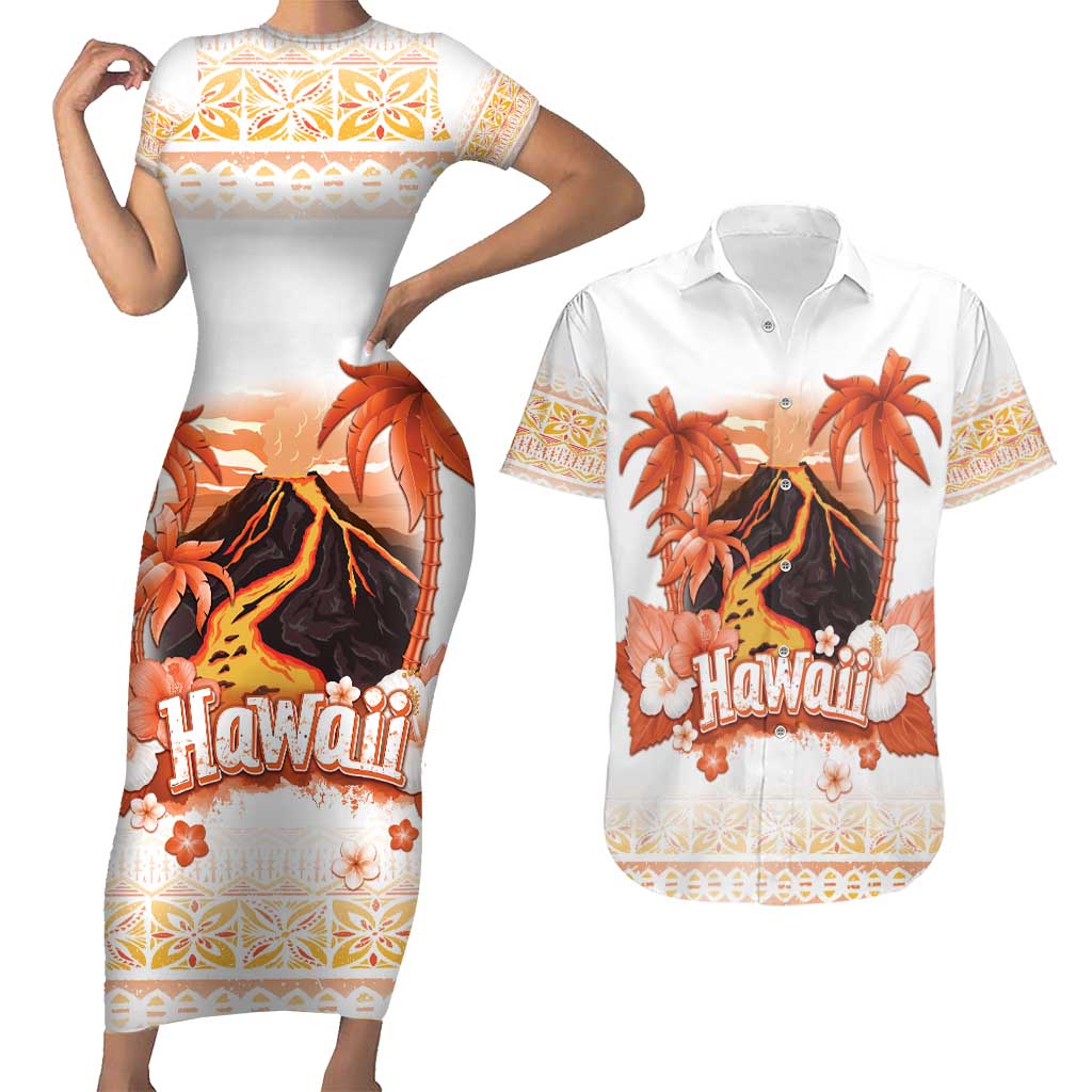 Hawaiian Volcano Lava Flow Couples Matching Short Sleeve Bodycon Dress and Hawaiian Shirt With Hawaiian Tapa Pattern LT05 Orange - Polynesian Pride