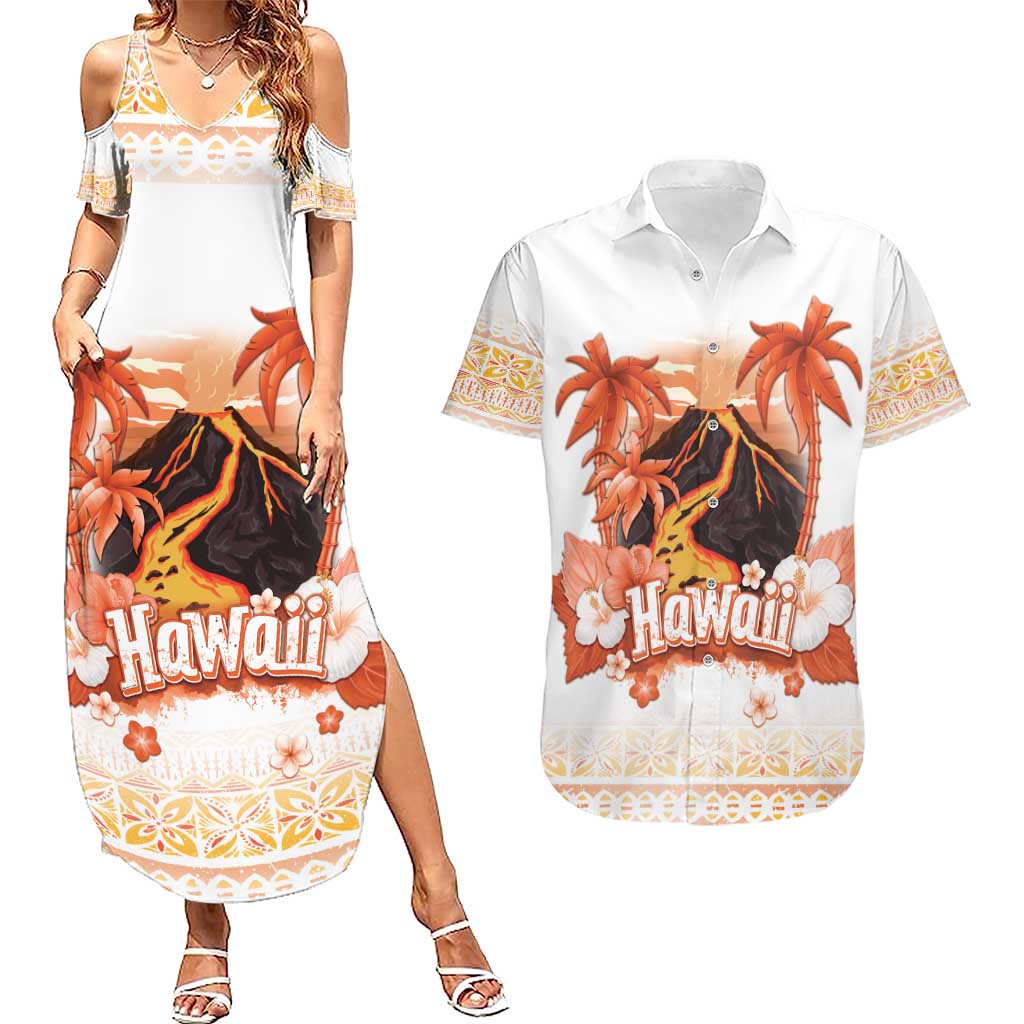Hawaiian Volcano Lava Flow Couples Matching Summer Maxi Dress and Hawaiian Shirt With Hawaiian Tapa Pattern LT05 Orange - Polynesian Pride