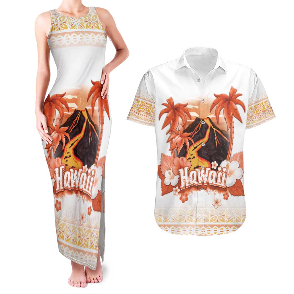 Hawaiian Volcano Lava Flow Couples Matching Tank Maxi Dress and Hawaiian Shirt With Hawaiian Tapa Pattern LT05 Orange - Polynesian Pride