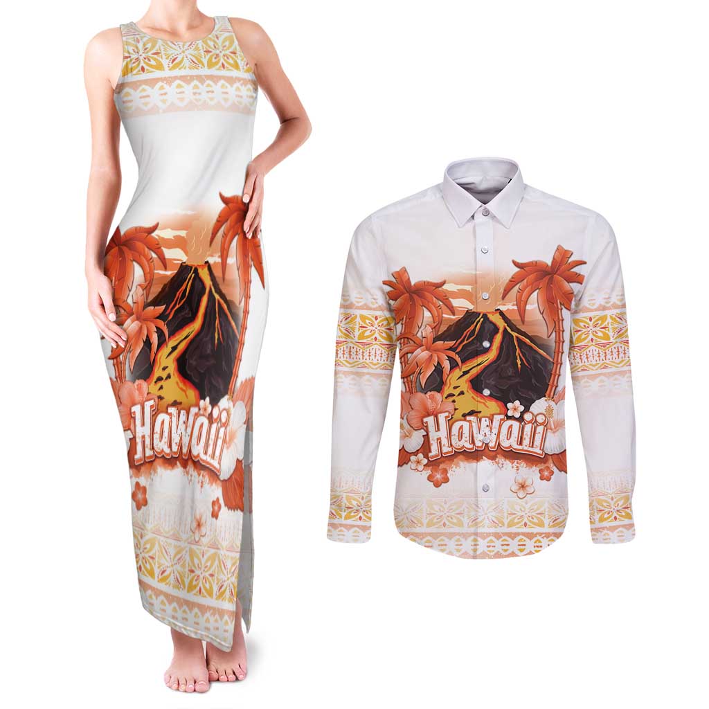 Hawaiian Volcano Lava Flow Couples Matching Tank Maxi Dress and Long Sleeve Button Shirt With Hawaiian Tapa Pattern LT05 Orange - Polynesian Pride