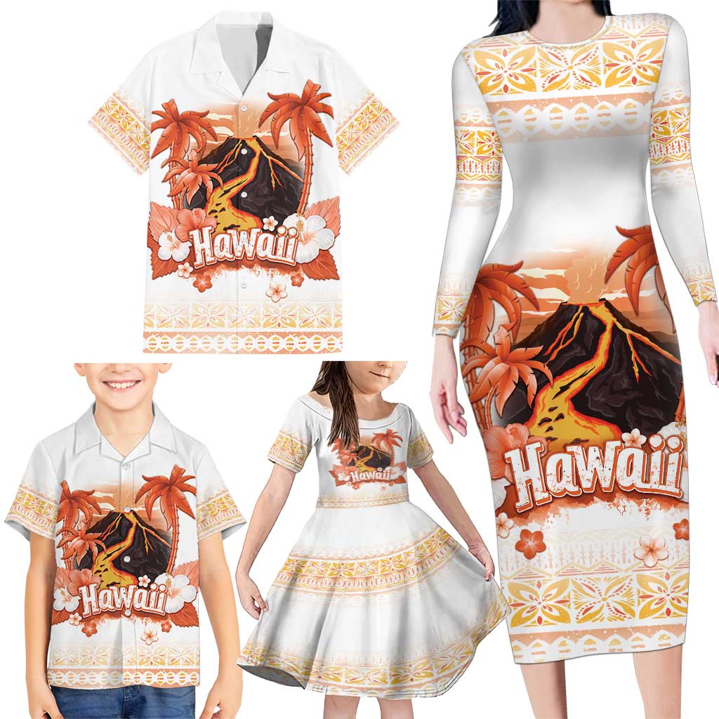 Hawaiian Volcano Lava Flow Family Matching Long Sleeve Bodycon Dress and Hawaiian Shirt With Hawaiian Tapa Pattern