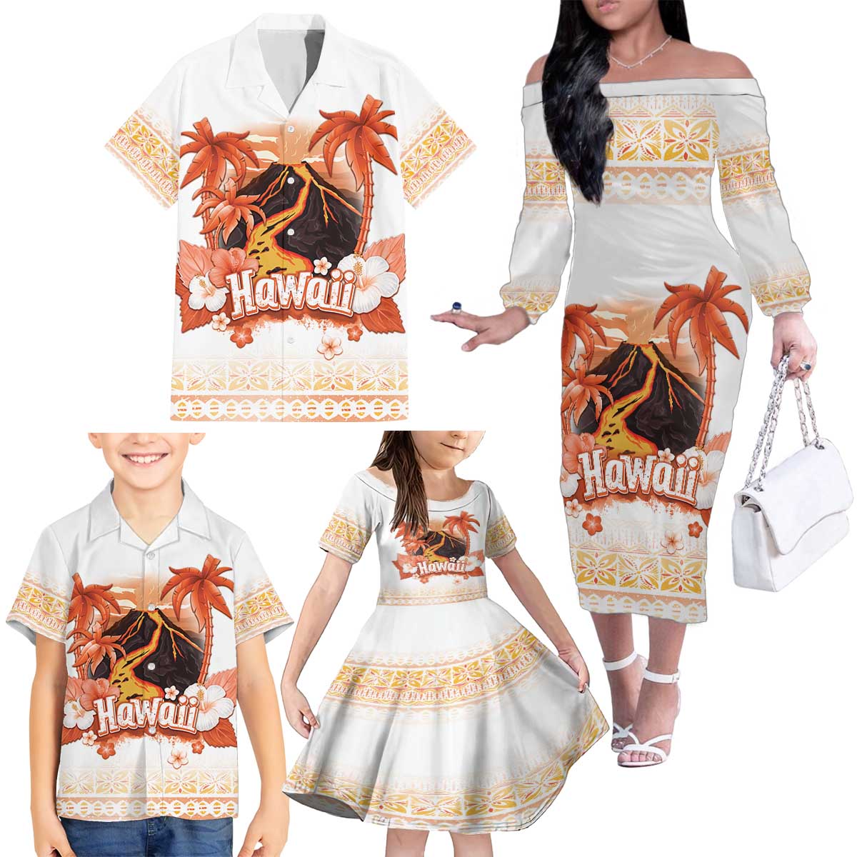 Hawaiian Volcano Lava Flow Family Matching Off The Shoulder Long Sleeve Dress and Hawaiian Shirt With Hawaiian Tapa Pattern