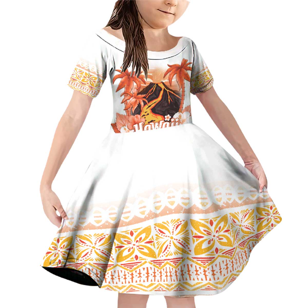 Hawaiian Volcano Lava Flow Family Matching Off Shoulder Short Dress and Hawaiian Shirt With Hawaiian Tapa Pattern LT05 Daughter's Dress Orange - Polynesian Pride