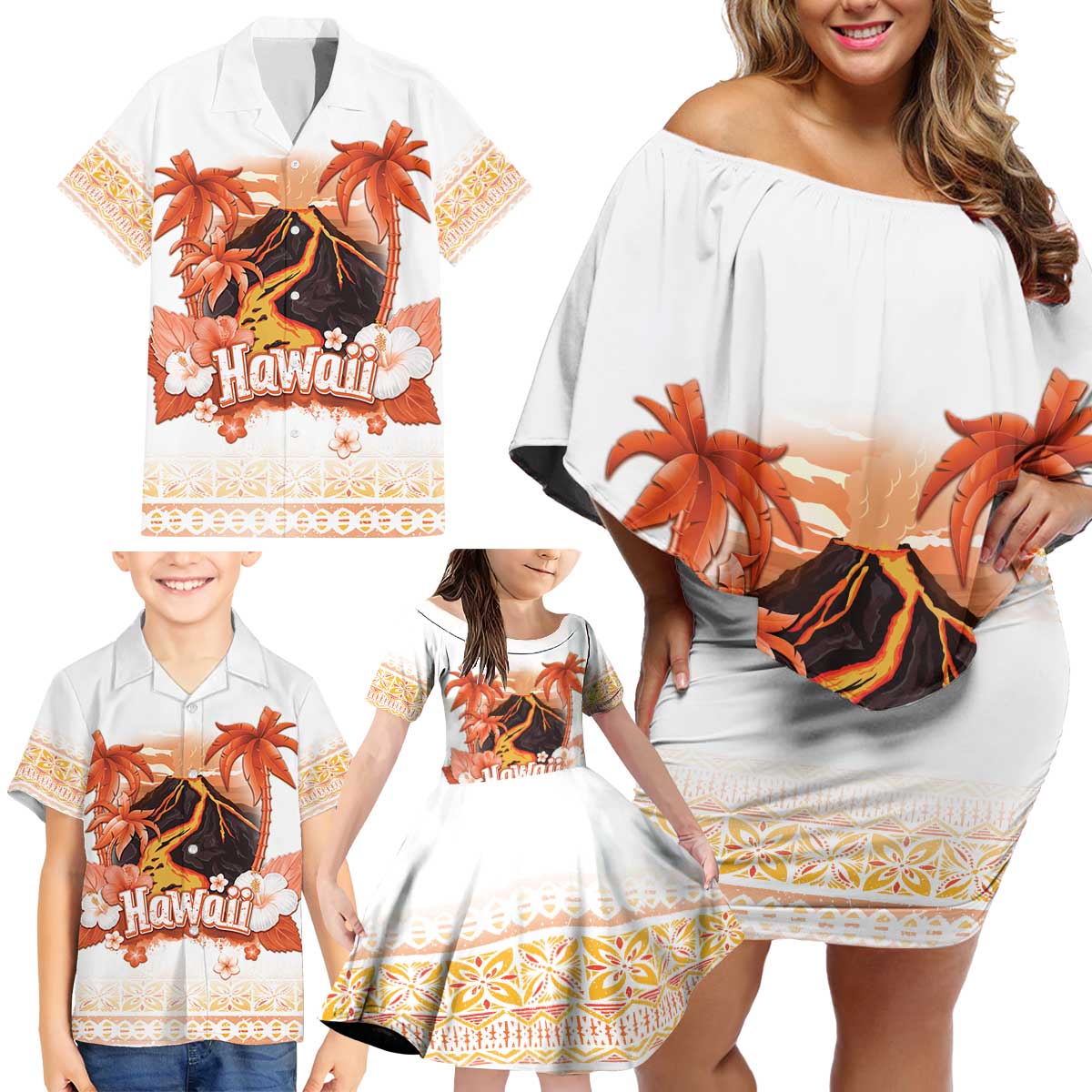 Hawaiian Volcano Lava Flow Family Matching Off Shoulder Short Dress and Hawaiian Shirt With Hawaiian Tapa Pattern