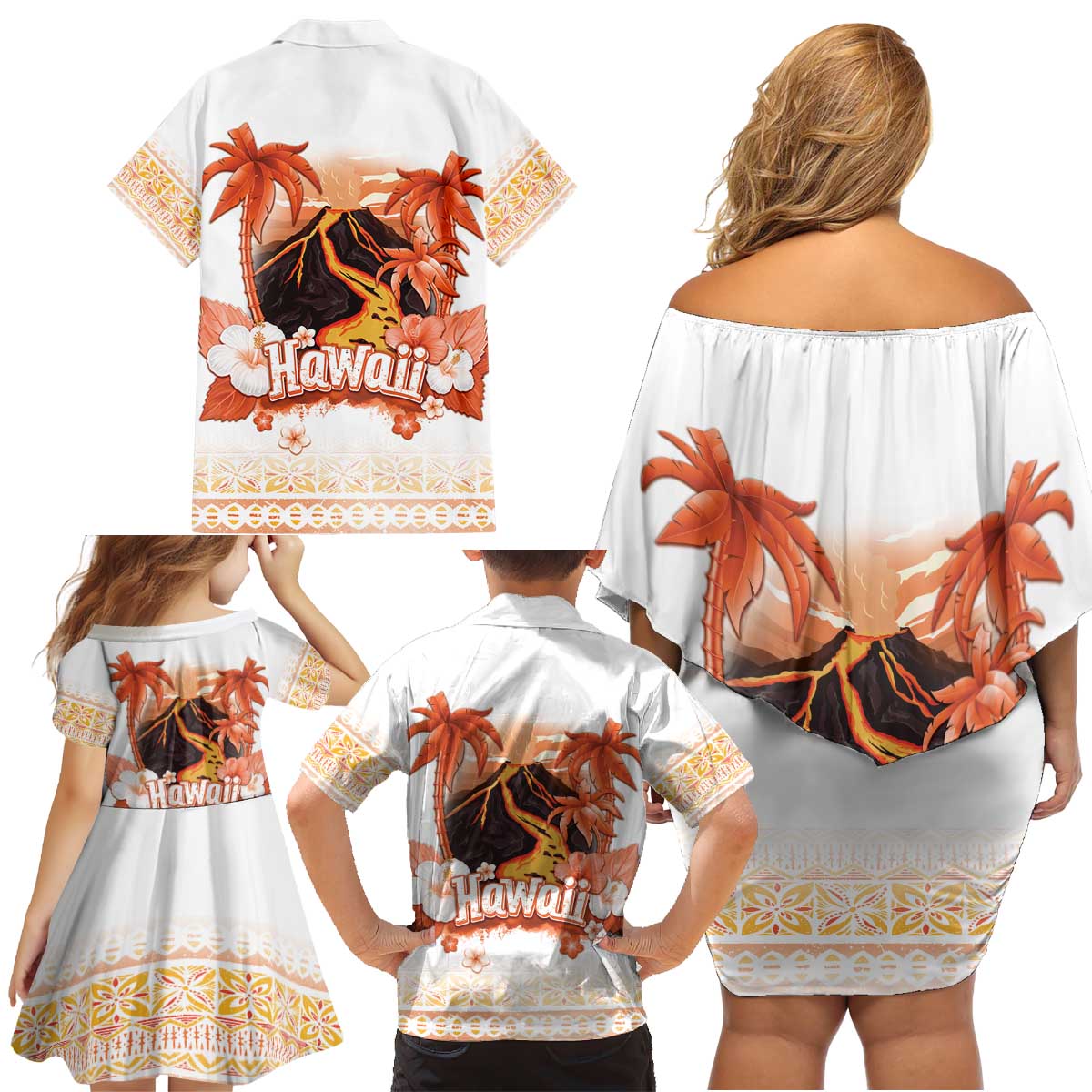 Hawaiian Volcano Lava Flow Family Matching Off Shoulder Short Dress and Hawaiian Shirt With Hawaiian Tapa Pattern LT05 - Polynesian Pride
