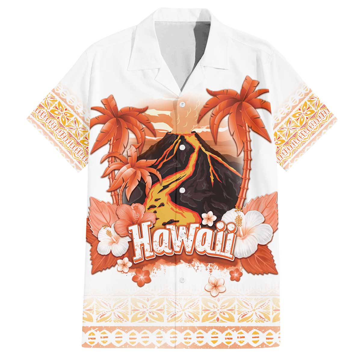 Hawaiian Volcano Lava Flow Family Matching Off Shoulder Short Dress and Hawaiian Shirt With Hawaiian Tapa Pattern LT05 Dad's Shirt - Short Sleeve Orange - Polynesian Pride