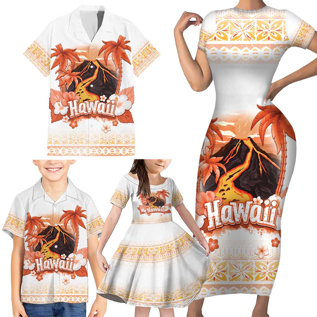 Hawaiian Volcano Lava Flow Family Matching Short Sleeve Bodycon Dress and Hawaiian Shirt With Hawaiian Tapa Pattern