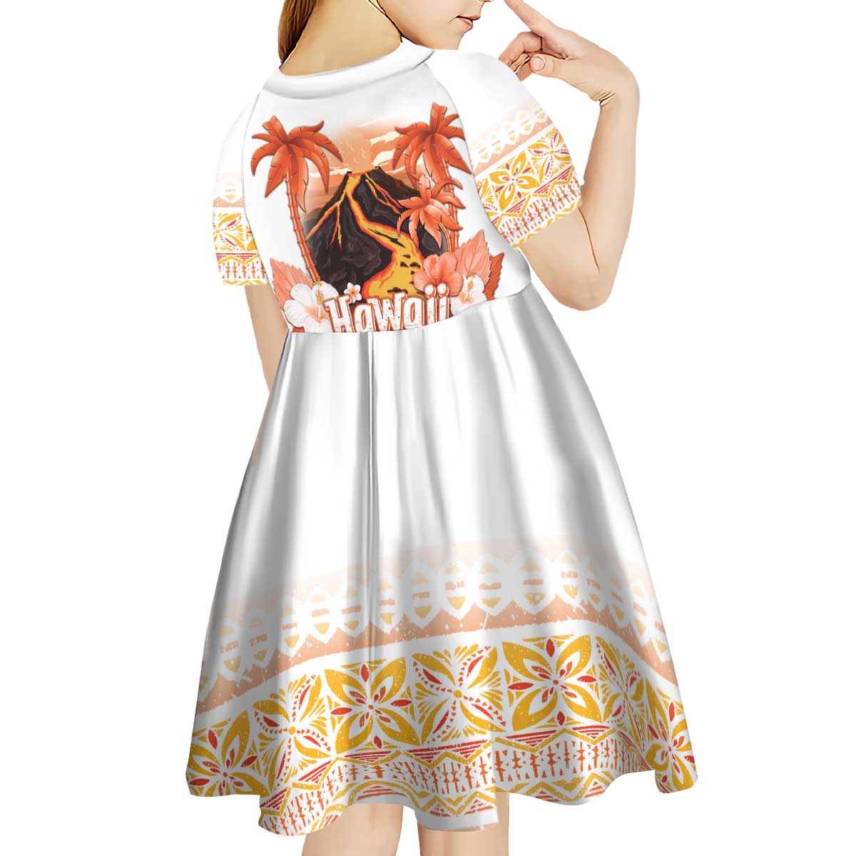 Hawaiian Volcano Lava Flow Kid Short Sleeve Dress With Hawaiian Tapa Pattern