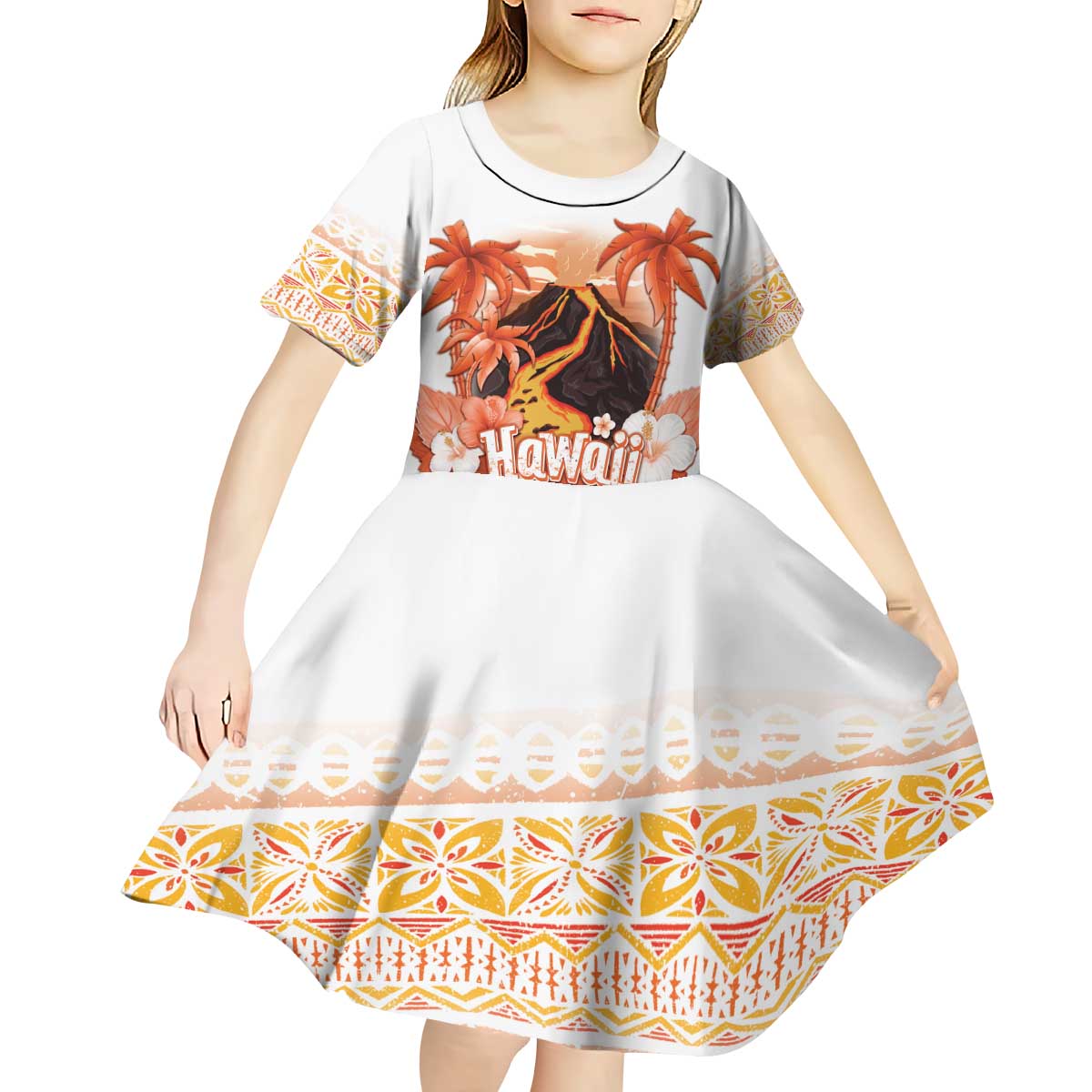Hawaiian Volcano Lava Flow Kid Short Sleeve Dress With Hawaiian Tapa Pattern