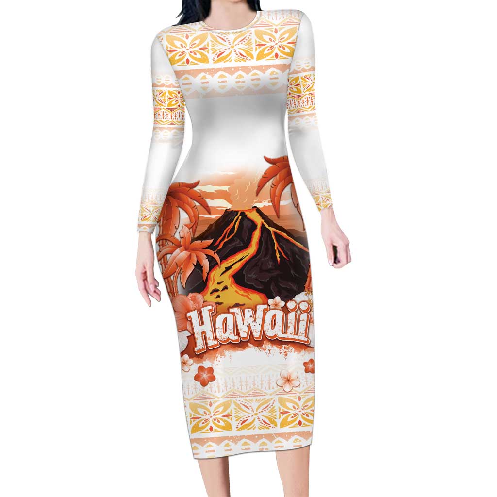 Hawaiian Volcano Lava Flow Long Sleeve Bodycon Dress With Hawaiian Tapa Pattern