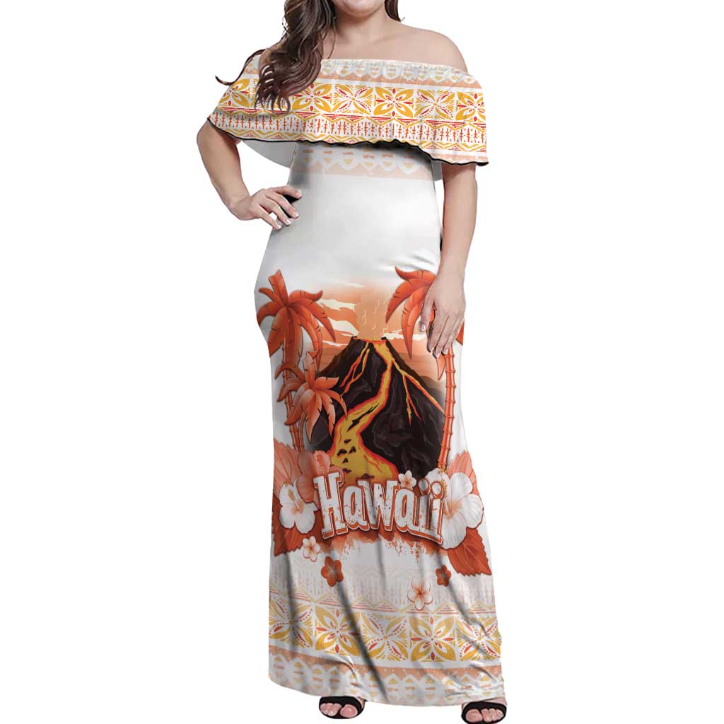 Hawaiian Volcano Lava Flow Off Shoulder Maxi Dress With Hawaiian Tapa Pattern LT05 Women Orange - Polynesian Pride