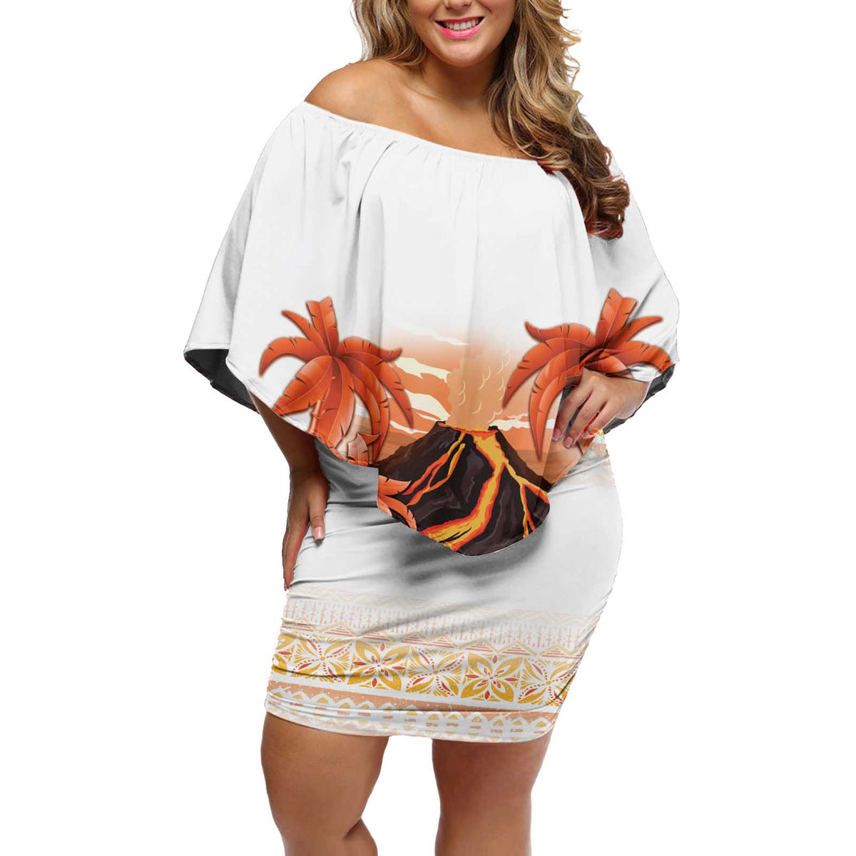 Hawaiian Volcano Lava Flow Off Shoulder Short Dress With Hawaiian Tapa Pattern LT05 Women Orange - Polynesian Pride