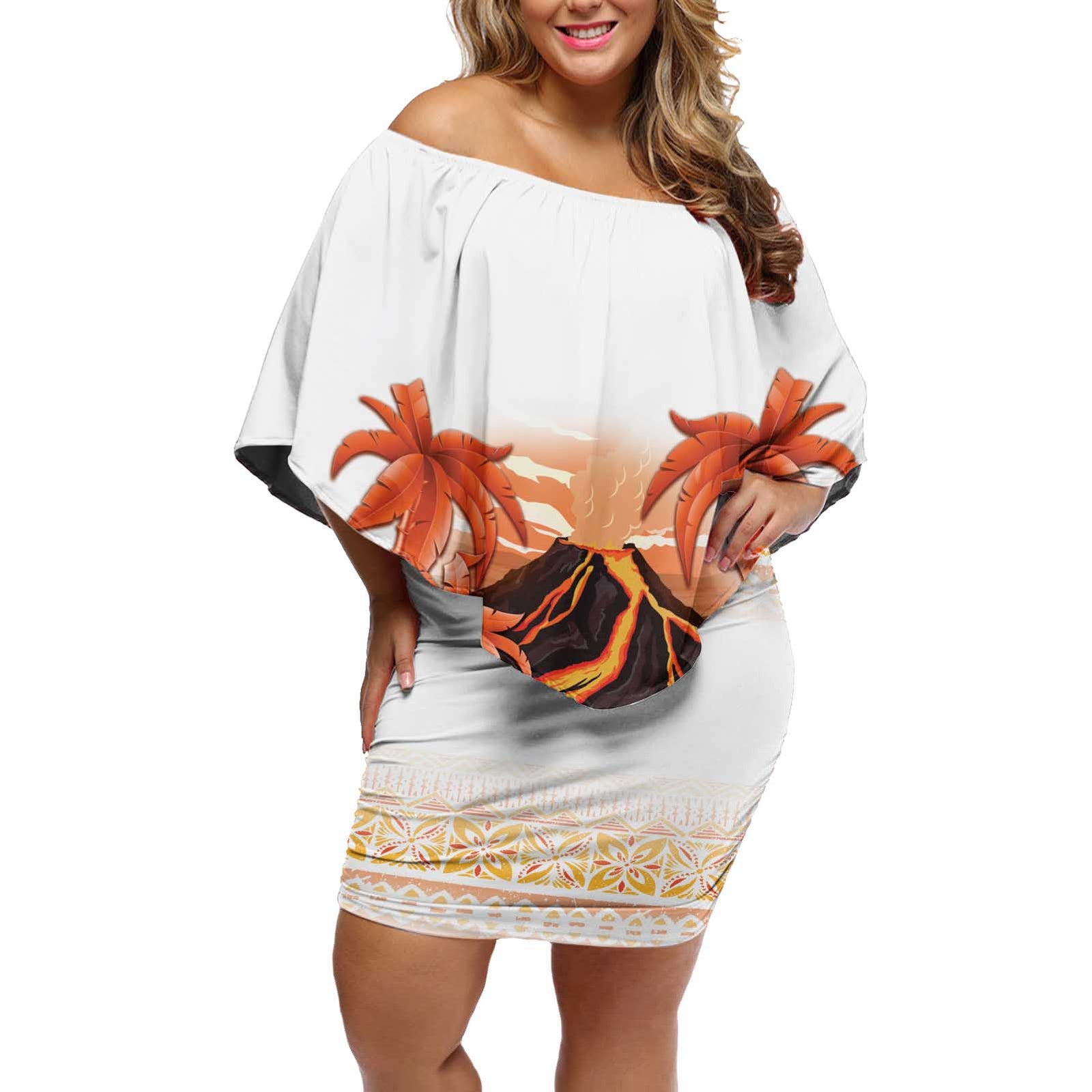 Hawaiian Volcano Lava Flow Off Shoulder Short Dress With Hawaiian Tapa Pattern LT05 Women Orange - Polynesian Pride