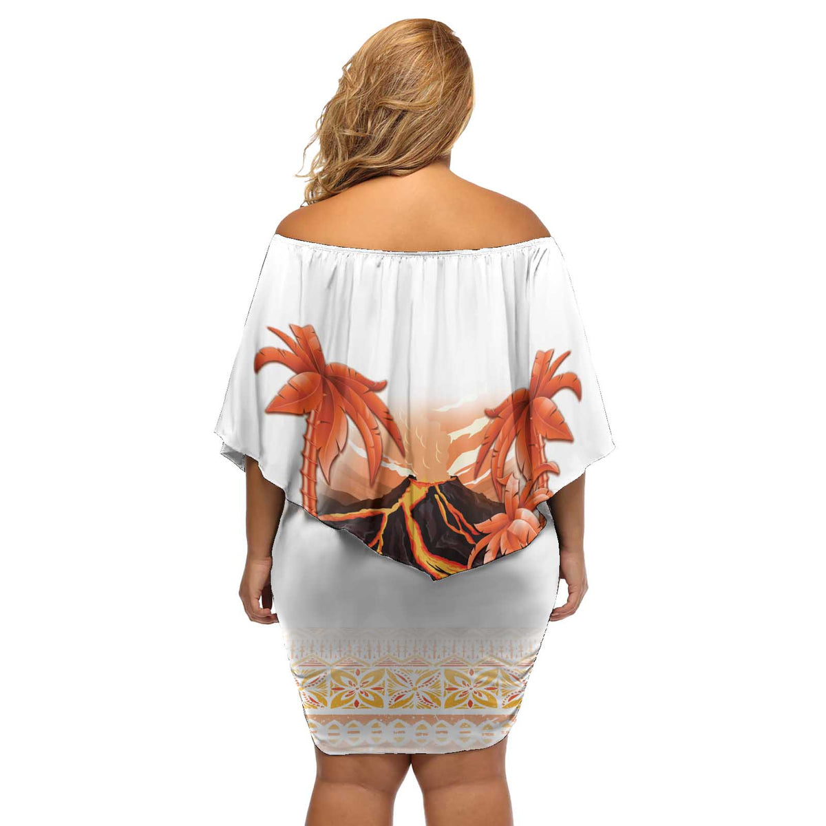 Hawaiian Volcano Lava Flow Off Shoulder Short Dress With Hawaiian Tapa Pattern LT05 - Polynesian Pride