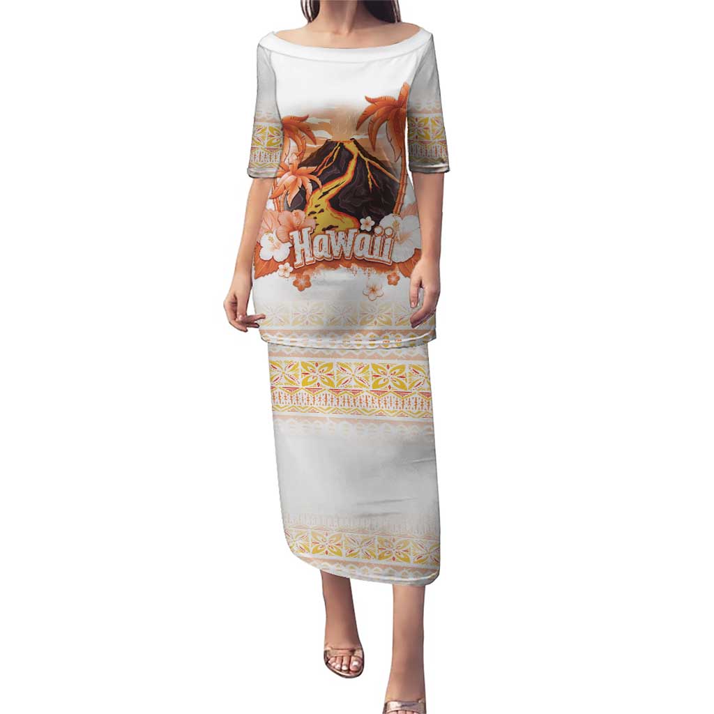 Hawaiian Volcano Lava Flow Puletasi With Hawaiian Tapa Pattern LT05 Long Dress Orange - Polynesian Pride