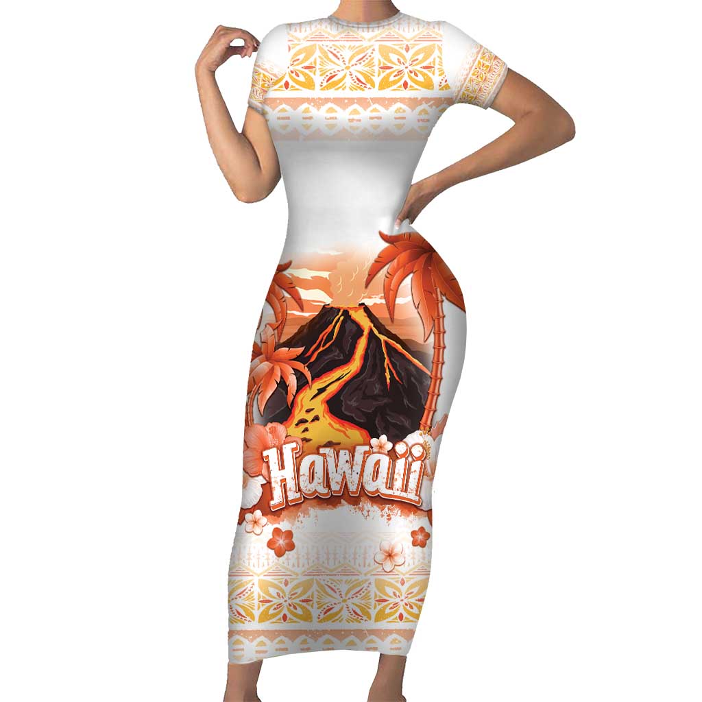 Hawaiian Volcano Lava Flow Short Sleeve Bodycon Dress With Hawaiian Tapa Pattern