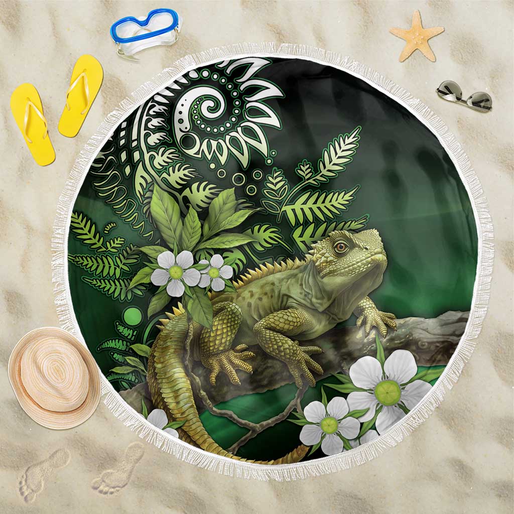 Aotearoa New Zealand Tuatara Beach Blanket Maori Koru Art LT05 One Size 150cm Green - Polynesian Pride