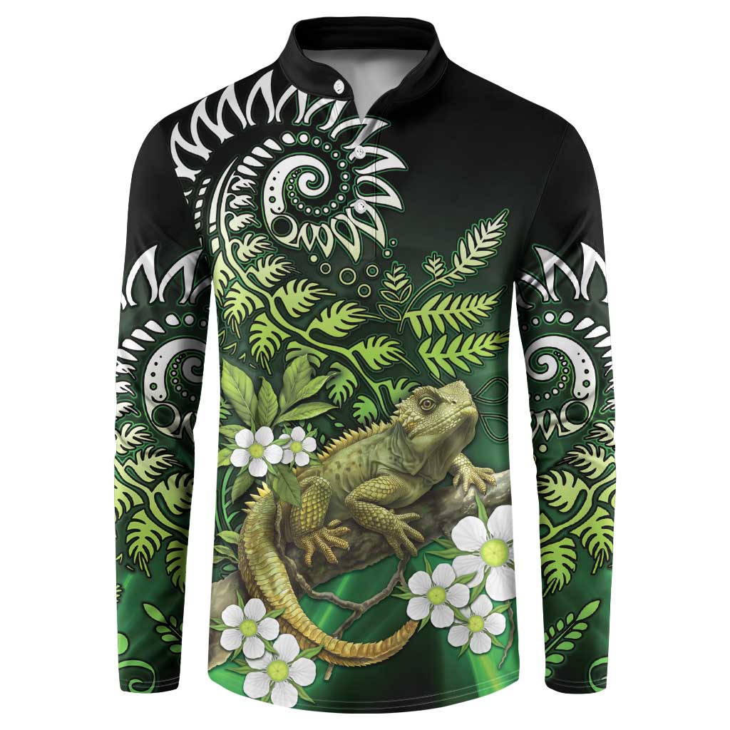 Aotearoa New Zealand Tuatara Button Sweatshirt Maori Koru Art LT05 Green - Polynesian Pride