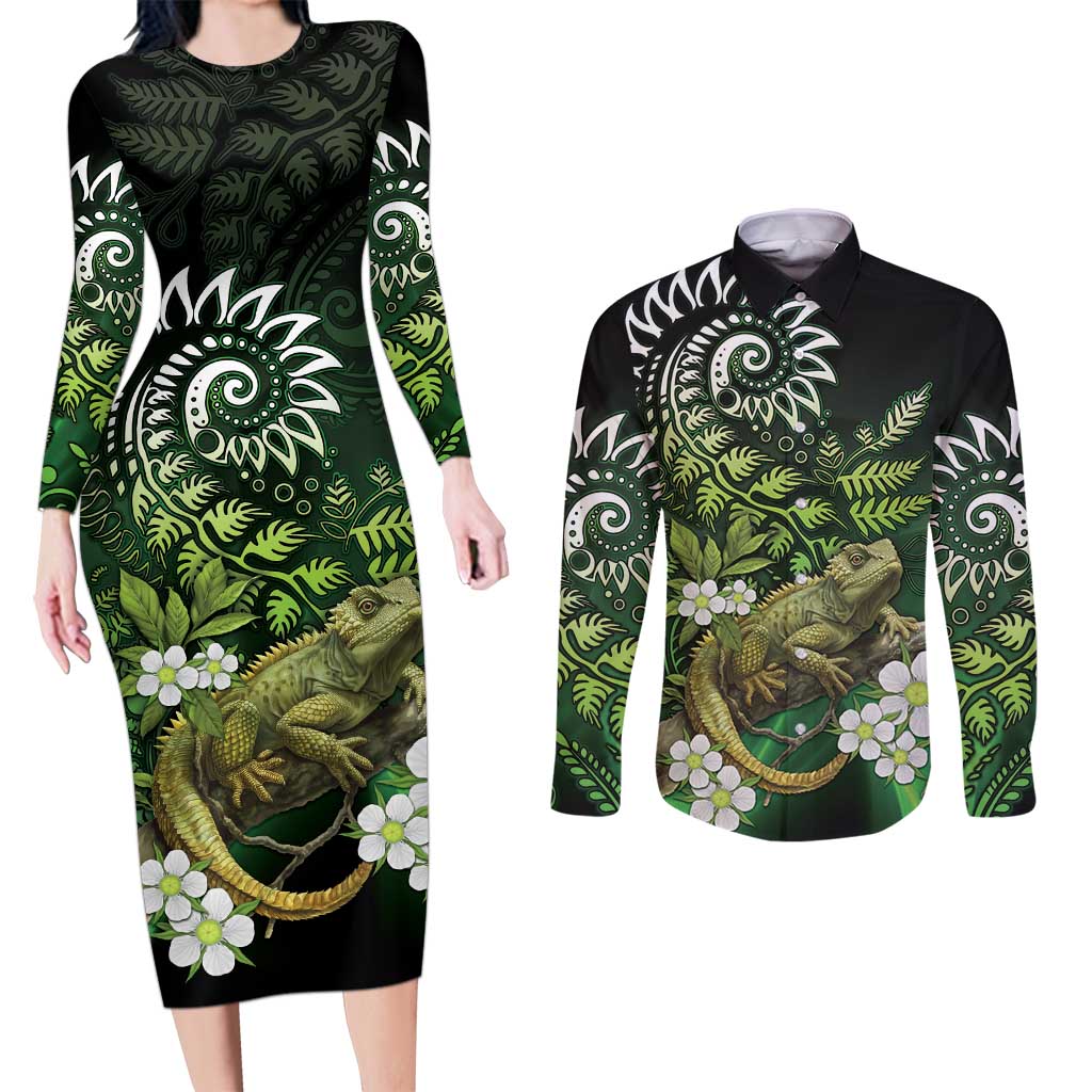 Aotearoa New Zealand Tuatara Couples Matching Long Sleeve Bodycon Dress and Long Sleeve Button Shirt Maori Koru Art LT05 Green - Polynesian Pride
