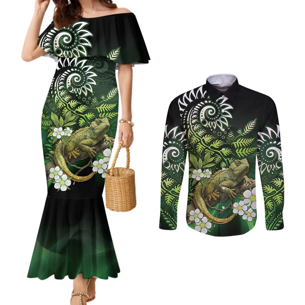 Aotearoa New Zealand Tuatara Couples Matching Mermaid Dress and Long Sleeve Button Shirt Maori Koru Art