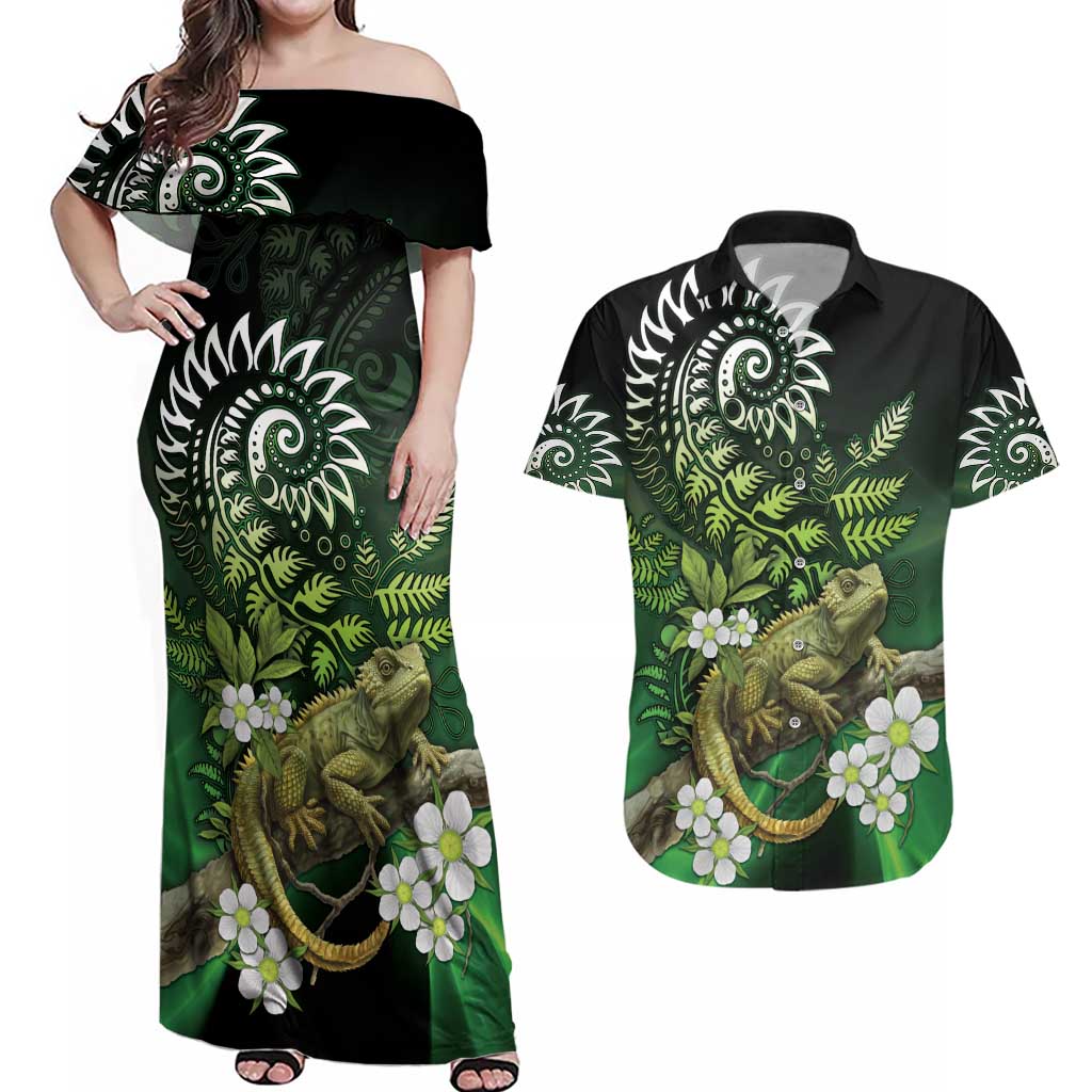 Aotearoa New Zealand Tuatara Couples Matching Off Shoulder Maxi Dress and Hawaiian Shirt Maori Koru Art