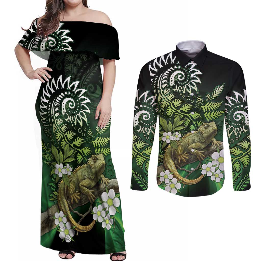 Aotearoa New Zealand Tuatara Couples Matching Off Shoulder Maxi Dress and Long Sleeve Button Shirt Maori Koru Art LT05 Green - Polynesian Pride