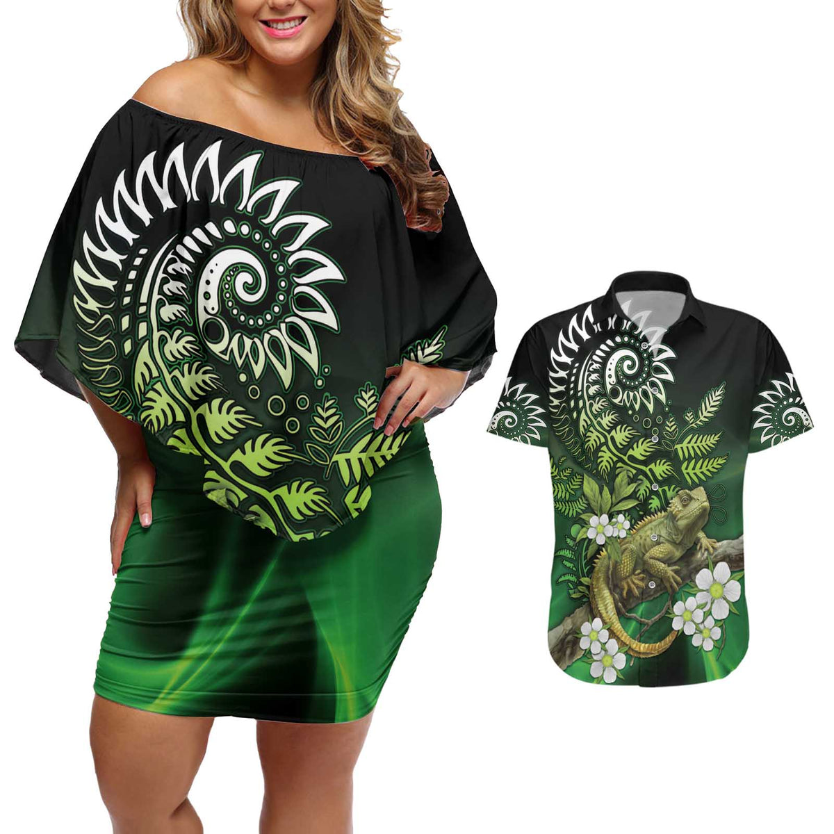 Aotearoa New Zealand Tuatara Couples Matching Off Shoulder Short Dress and Hawaiian Shirt Maori Koru Art