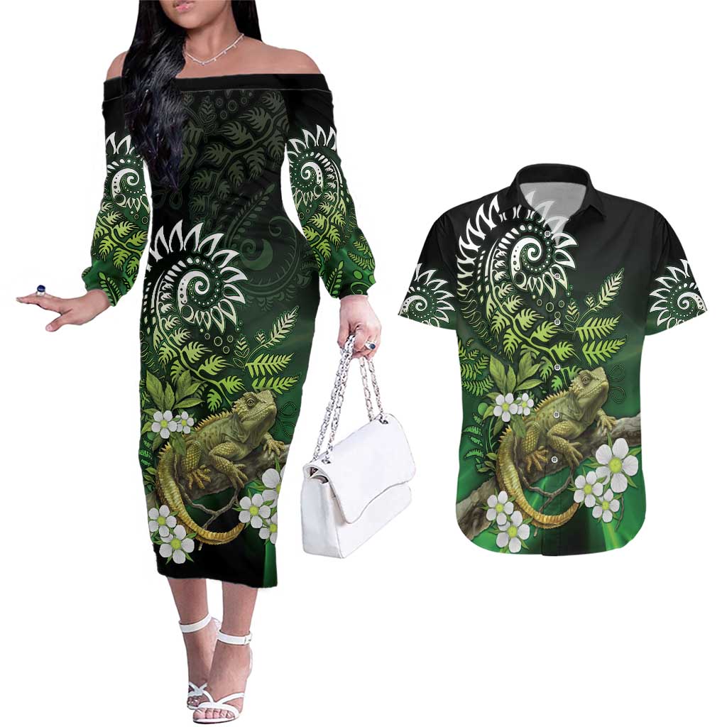 Aotearoa New Zealand Tuatara Couples Matching Off The Shoulder Long Sleeve Dress and Hawaiian Shirt Maori Koru Art