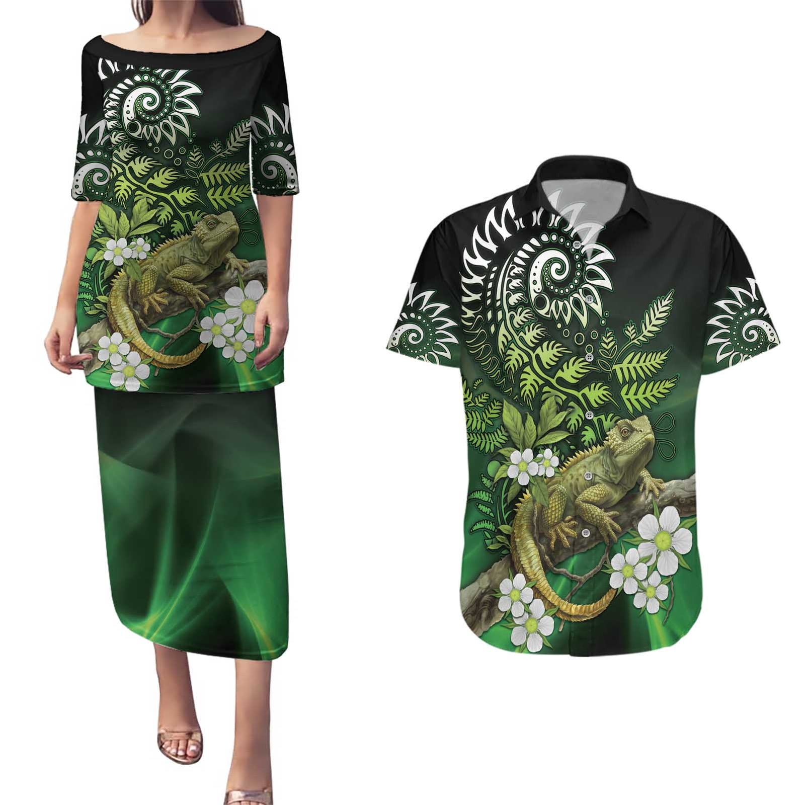 Aotearoa New Zealand Tuatara Couples Matching Puletasi and Hawaiian Shirt Maori Koru Art LT05 Green - Polynesian Pride