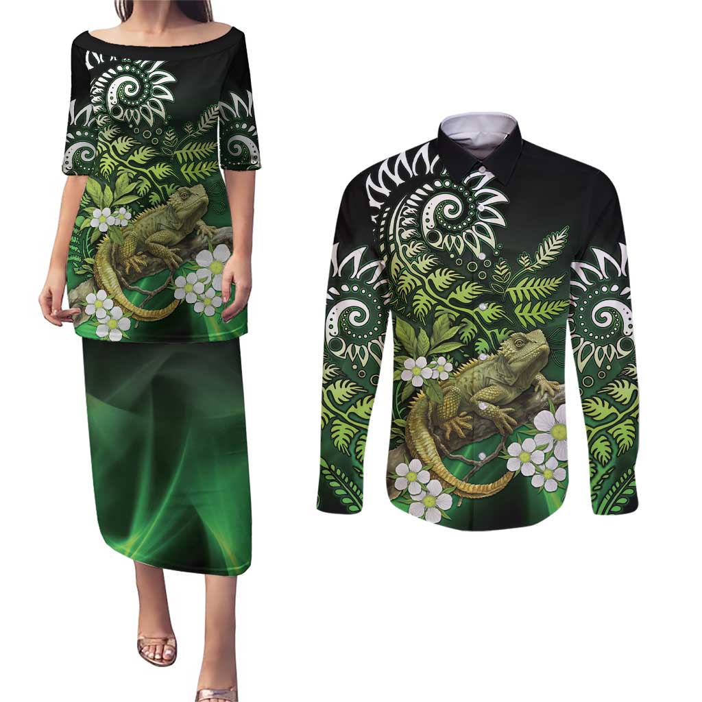 Aotearoa New Zealand Tuatara Couples Matching Puletasi and Long Sleeve Button Shirt Maori Koru Art