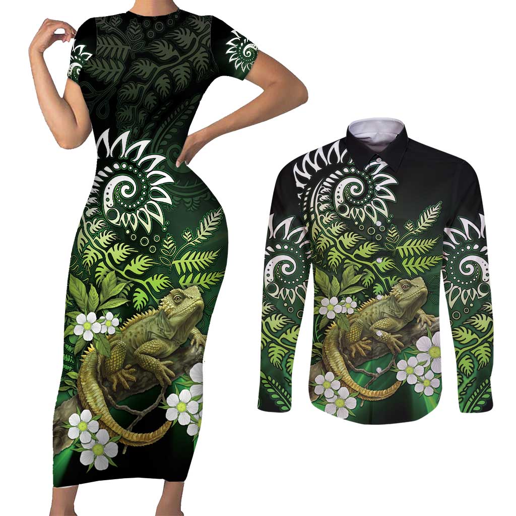 Aotearoa New Zealand Tuatara Couples Matching Short Sleeve Bodycon Dress and Long Sleeve Button Shirt Maori Koru Art LT05 Green - Polynesian Pride
