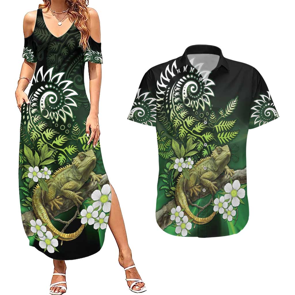 Aotearoa New Zealand Tuatara Couples Matching Summer Maxi Dress and Hawaiian Shirt Maori Koru Art LT05 Green - Polynesian Pride