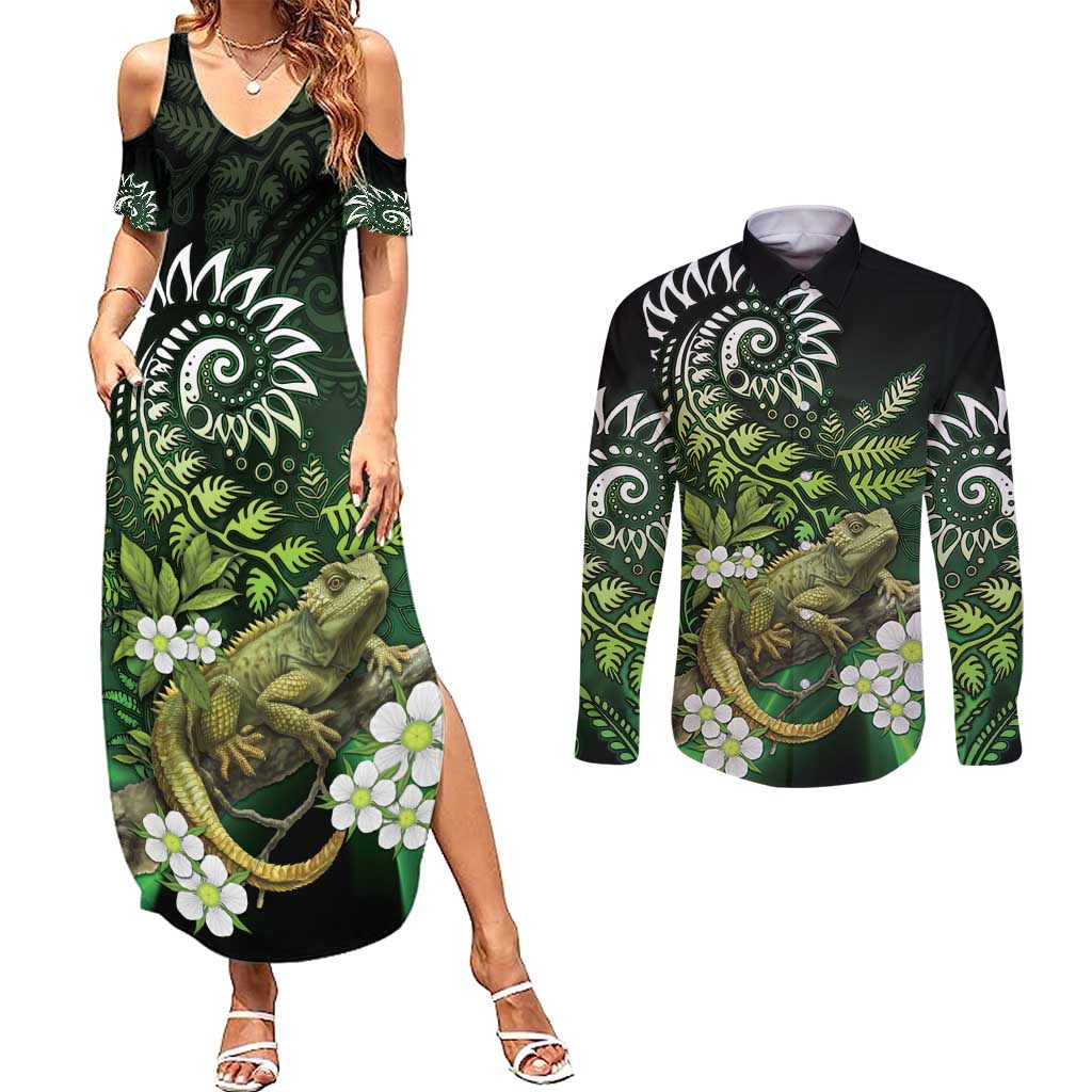 Aotearoa New Zealand Tuatara Couples Matching Summer Maxi Dress and Long Sleeve Button Shirt Maori Koru Art LT05 Green - Polynesian Pride