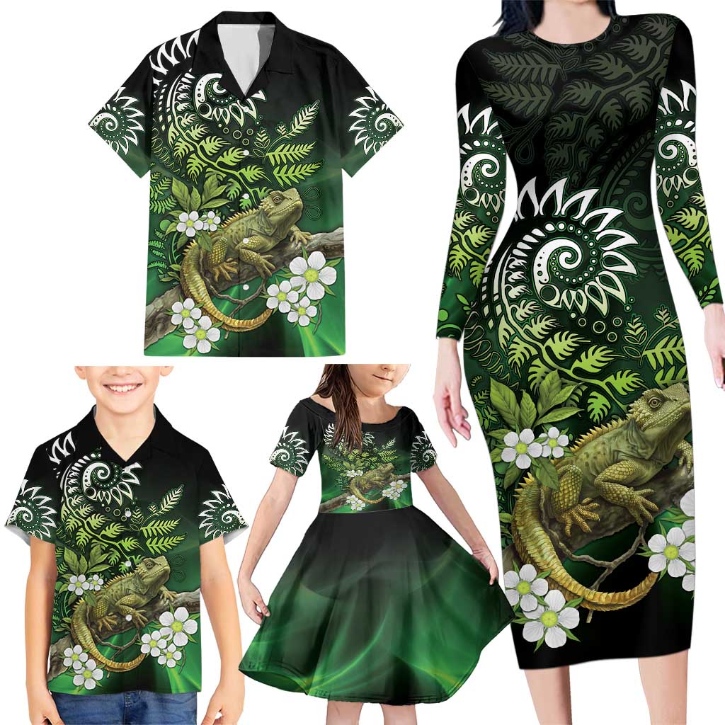 Aotearoa New Zealand Tuatara Family Matching Long Sleeve Bodycon Dress and Hawaiian Shirt Maori Koru Art