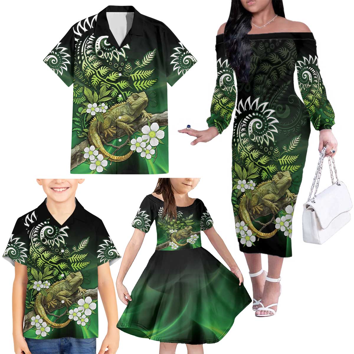 Aotearoa New Zealand Tuatara Family Matching Off The Shoulder Long Sleeve Dress and Hawaiian Shirt Maori Koru Art LT05 - Polynesian Pride