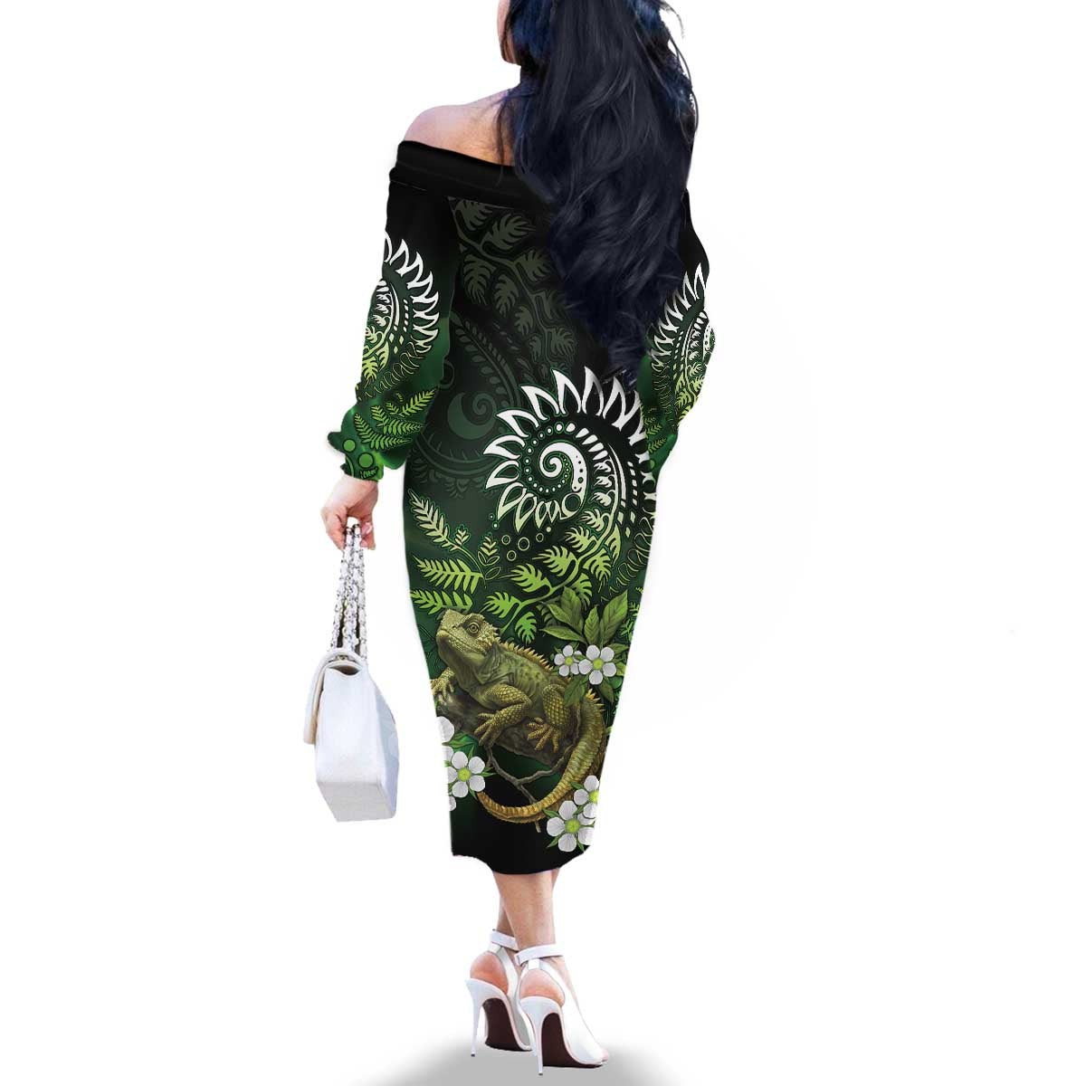 Aotearoa New Zealand Tuatara Family Matching Off The Shoulder Long Sleeve Dress and Hawaiian Shirt Maori Koru Art