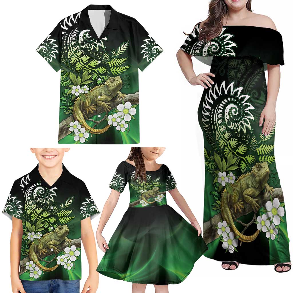 Aotearoa New Zealand Tuatara Family Matching Off Shoulder Maxi Dress and Hawaiian Shirt Maori Koru Art