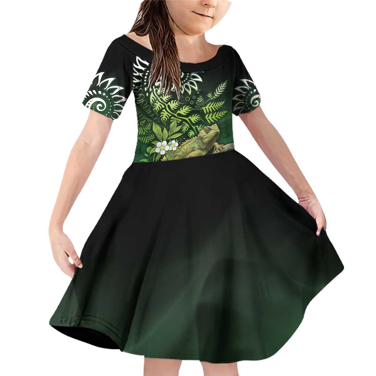 Aotearoa New Zealand Tuatara Family Matching Off Shoulder Short Dress and Hawaiian Shirt Maori Koru Art