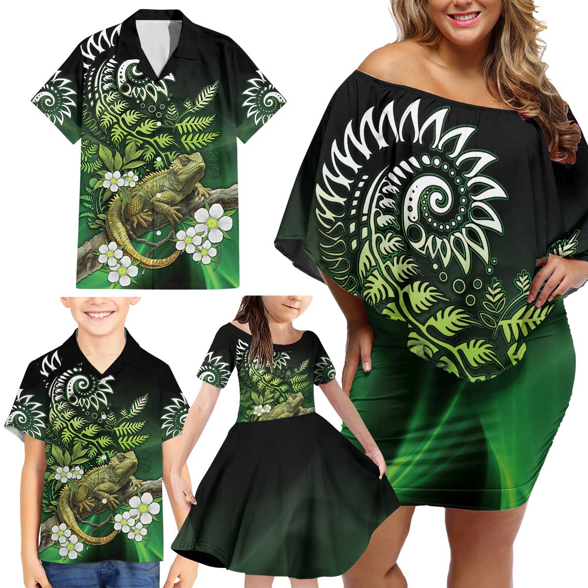 Aotearoa New Zealand Tuatara Family Matching Off Shoulder Short Dress and Hawaiian Shirt Maori Koru Art