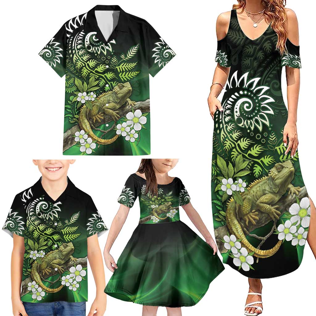 Aotearoa New Zealand Tuatara Family Matching Summer Maxi Dress and Hawaiian Shirt Maori Koru Art