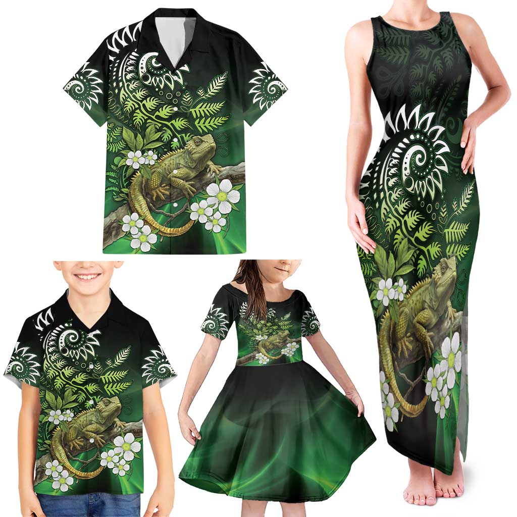 Aotearoa New Zealand Tuatara Family Matching Tank Maxi Dress and Hawaiian Shirt Maori Koru Art