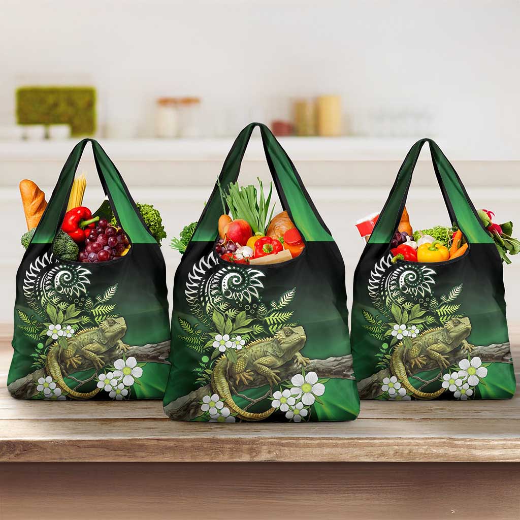 Aotearoa New Zealand Tuatara Grocery Bag Maori Koru Art LT05 3-pack One Size Green - Polynesian Pride