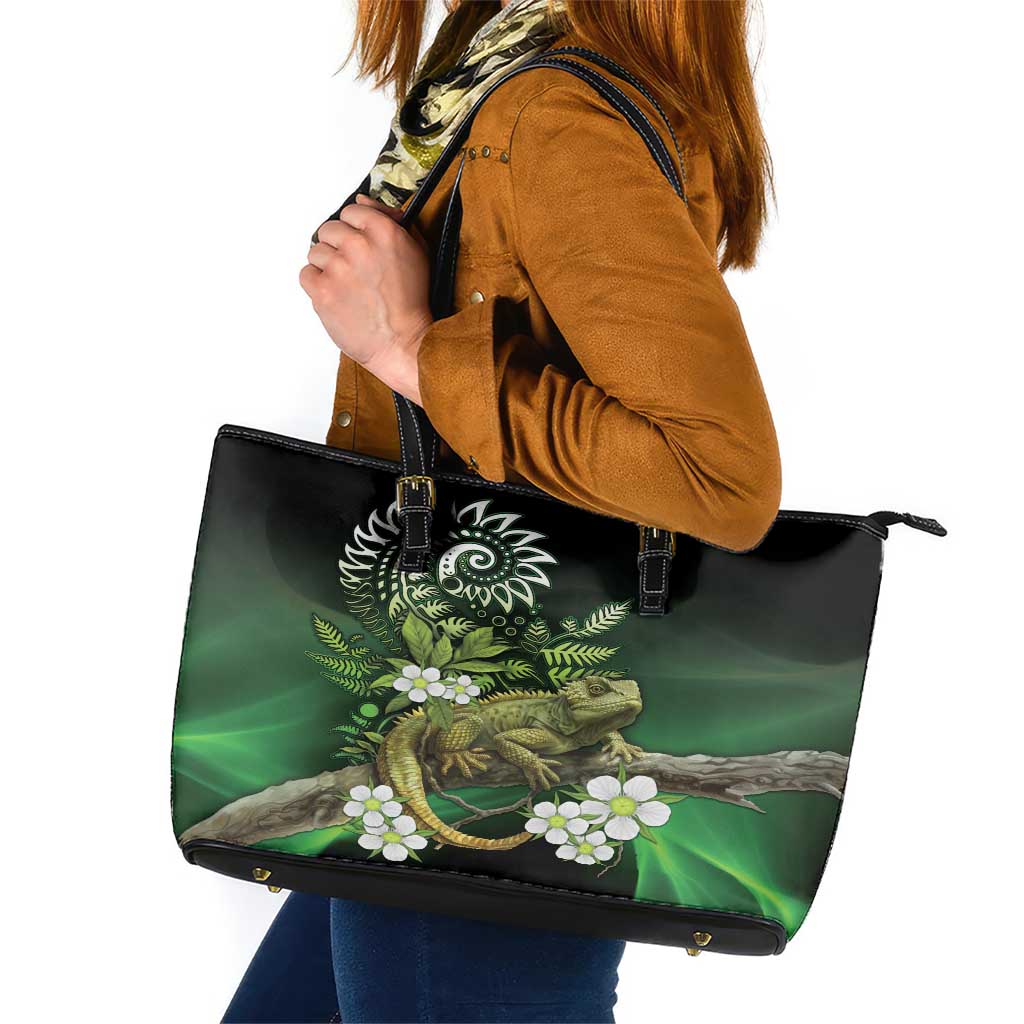 Aotearoa New Zealand Tuatara Leather Tote Bag Maori Koru Art LT05 Green - Polynesian Pride