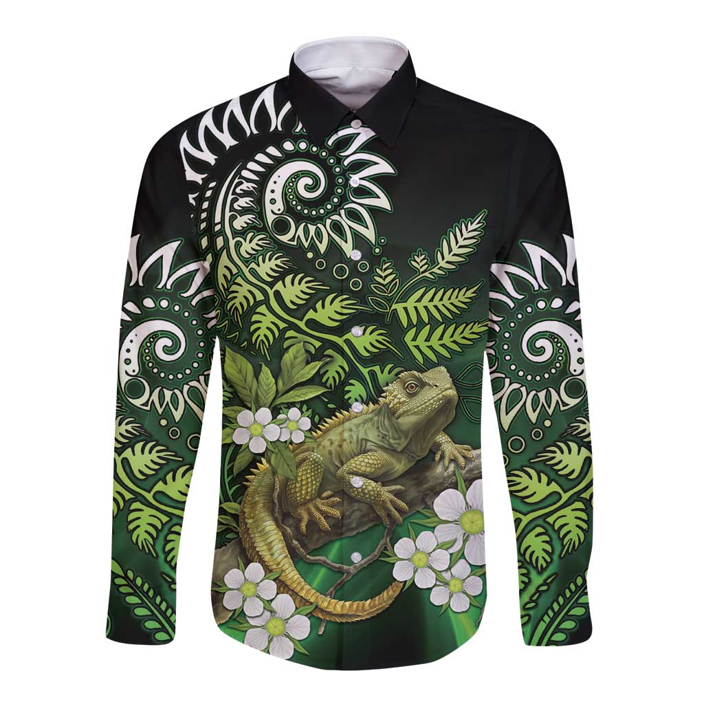 Aotearoa New Zealand Tuatara Long Sleeve Button Shirt Maori Koru Art